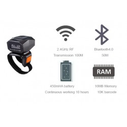 Bezprzewodowy czytnik kodów na palec QR 320° Bluetooth 4.1 2.4G kabel USB bateria 450mAh
